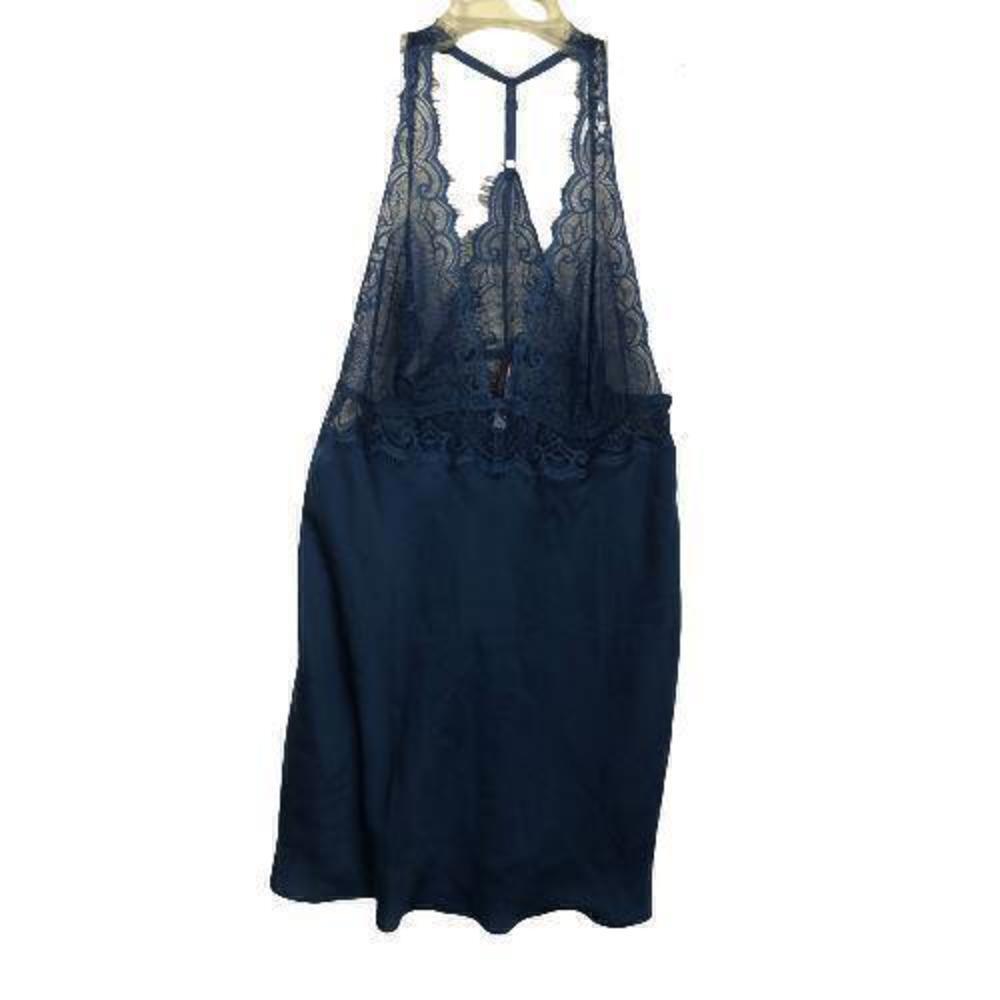 Adore Me Sexy Zandy Slip Lingerie Lace Trim Satin Chemise Sleep Navy Blue 3079-2